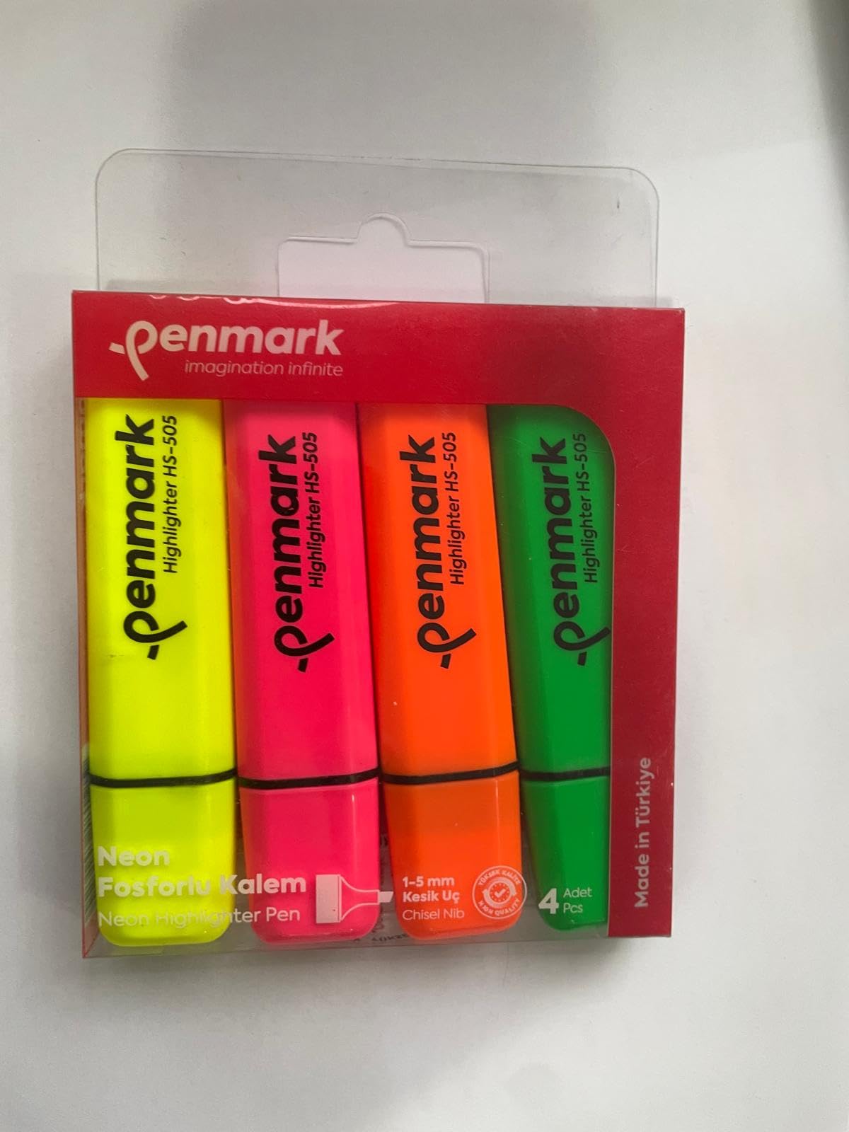 Penmark Neon Fosforlu Kalem HS-505, Sarı, Pembe, Turuncu, Yeşil, Kesik Uç, 1-5 mm, 4'lü Set