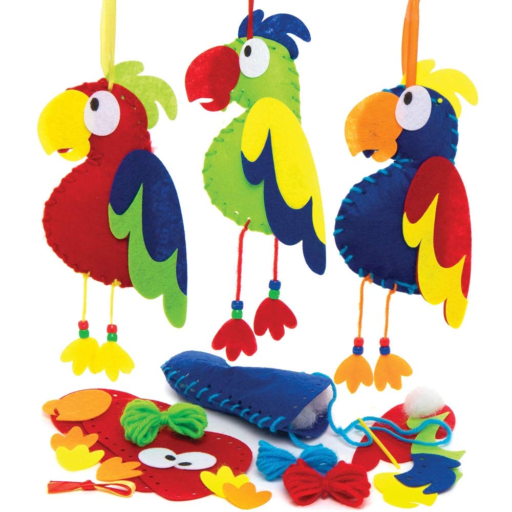 Baker Ross AT689 Parrot Sewing Decoration Kits - Pack of 3, Festive Tree Ornaments for Kids to Decorate in Arts and Crafts Activities