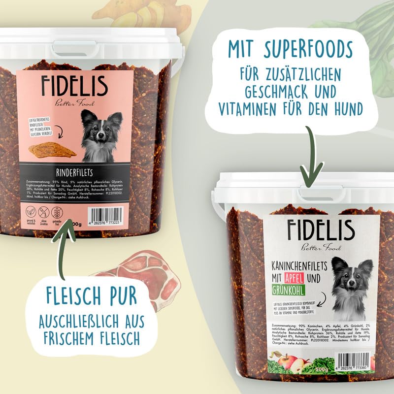 Fidelis – Pferdefilets für Hunde im wiederverschließbarem 500gr-Eimer - Luftgetrocknete Hunde Leckerlis aus 100% natürlichen Rohstoffen