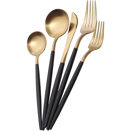 Amazon Com Modern Silverware Set 5 Pieces 18 10 Stainless Steel Cutlery Set Includes Knife Fork And Spoon Matte Utensils Service For 1 Black And Gold Flatware Sets Amazon Com Modern Silverware Set 5 Pieces 18 10 Stainless Steel Cutlery Set Includes Knife Fork And Spoon Matte Utensils Service For 1 Black And Gold Flatware Sets