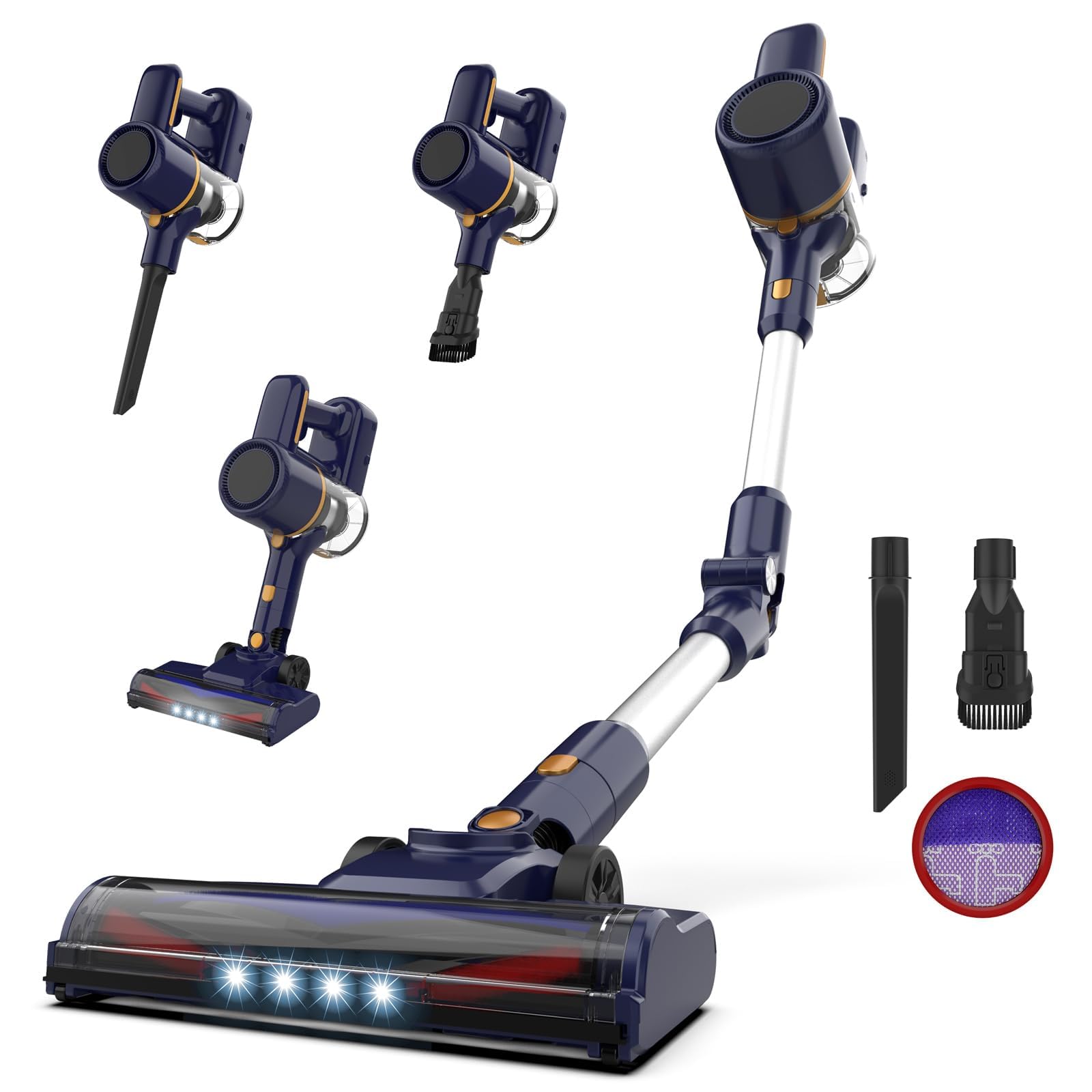 Aspirapolvere Senza Fili, Scopa Elettrica Senza Fili 20KPa, 6 in 1 Scopa Elettrica, Autonomia 40Min, Luce LED, Due Filtri a Spugne, Pavimenti Tappeto Peli di Animali Domestici