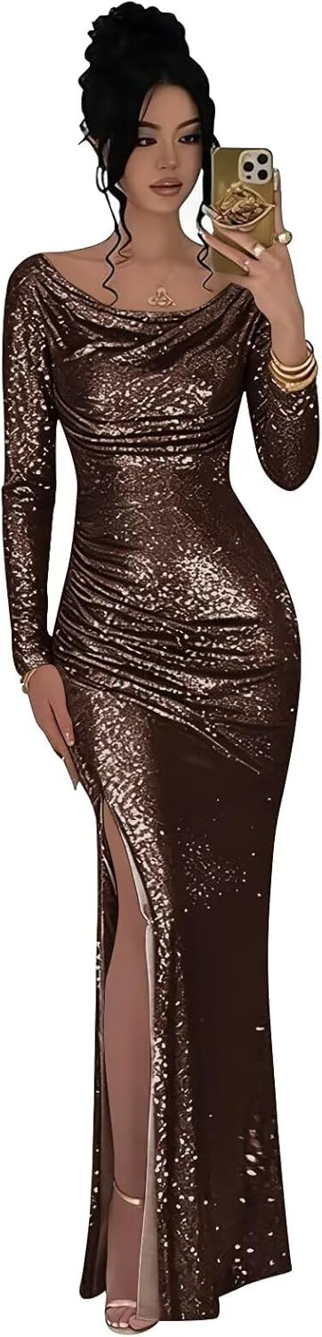 Women’s Sparkly Sequin Mermaid Prom Dresses 2026 Long Sleeve Formal Evening Party Dress with Slit