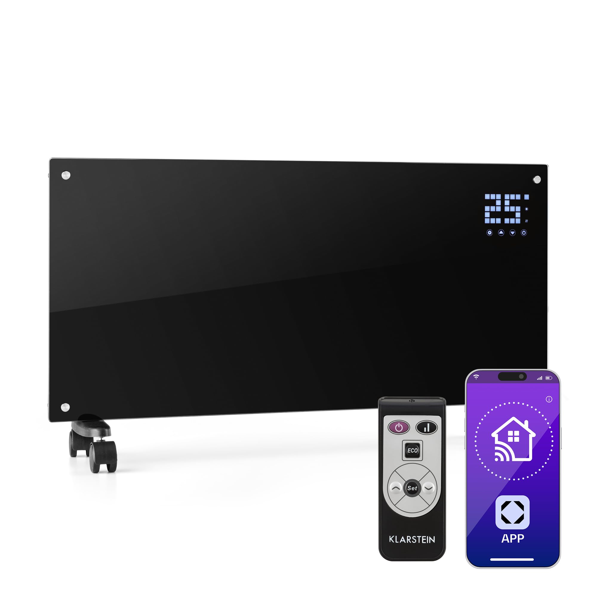 Klarstein Radiadores Bajo Consumo Electricos para Casa, Estufa Electrica de 2000W con Ruedas, Radiador Electrico Silencioso, Portátil y Delgado, Estufas con Panel para Pared, Pantalla y Termostato