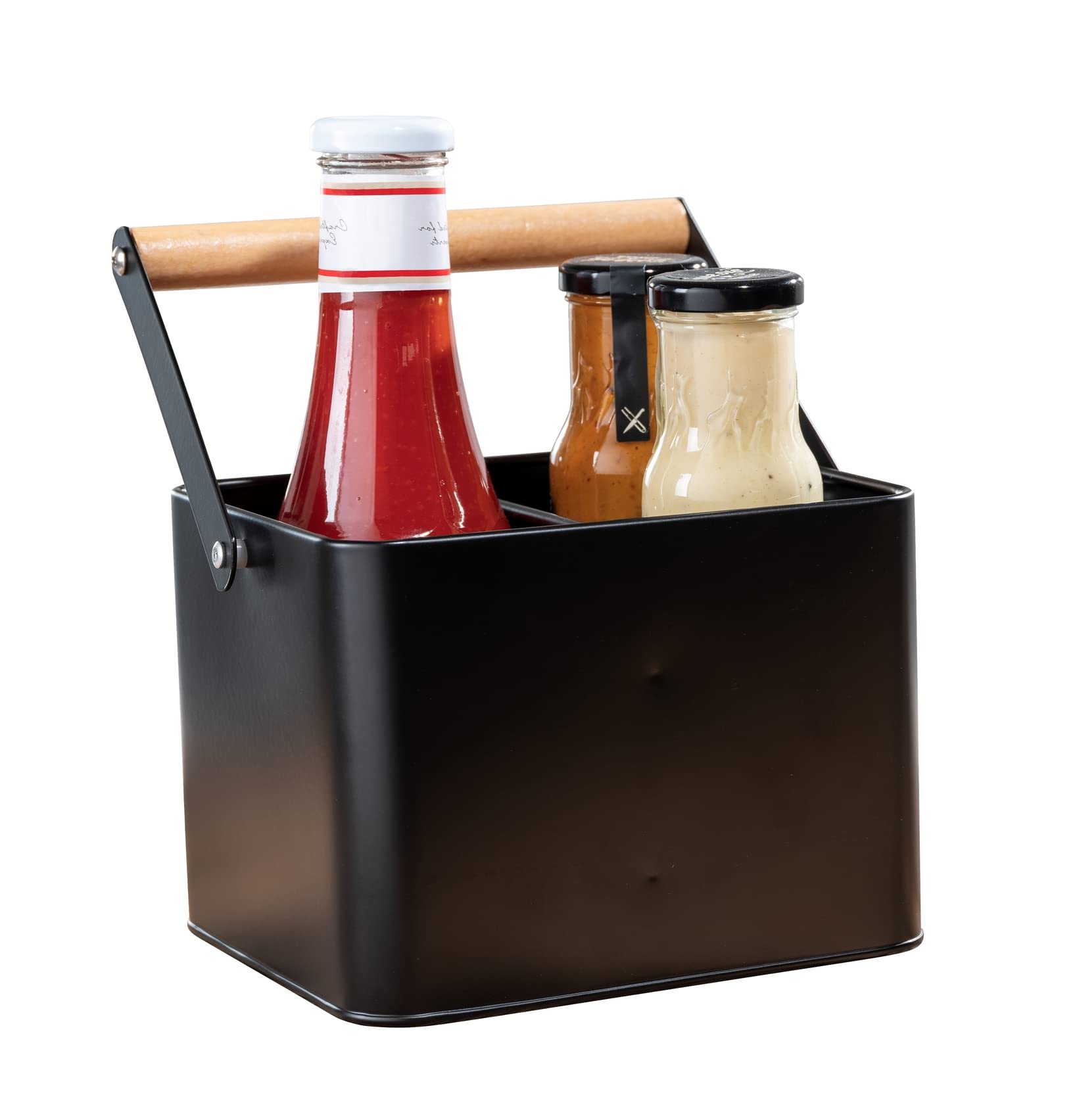 WENKO Kosz na przybory mod. Baco, kosz do noszenia z metalu z elastycznym drewnianym uchwytem, idealny do transportu sosów, Black Outdoor Kitchen
