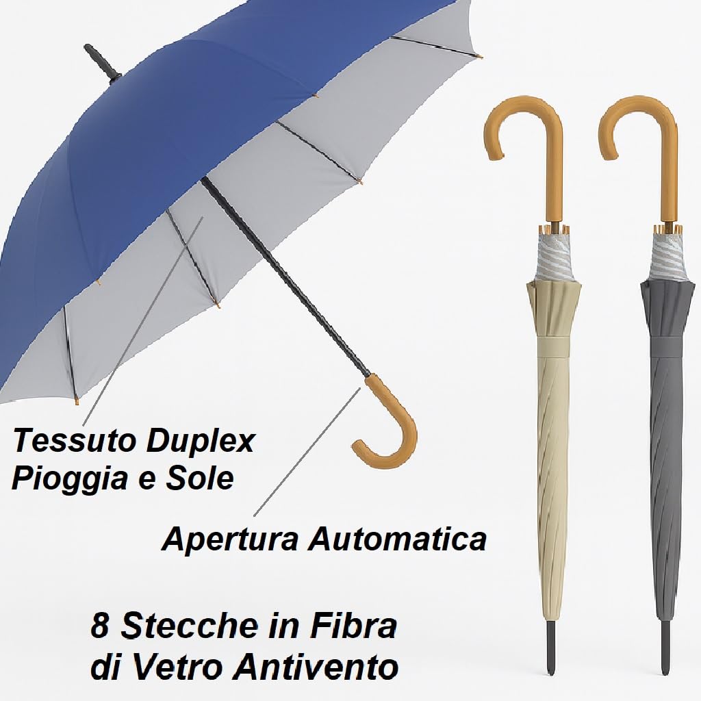 DANYX Kit 4 Ombrelli Duplex Antivento Pioggia e Sole – Apertura Automatica, 8 Stecche in Fibra di Vetro, Manico Curvo Effetto Legno, Fusto in Metallo, Diametro 112 cm, Colori Assortiti