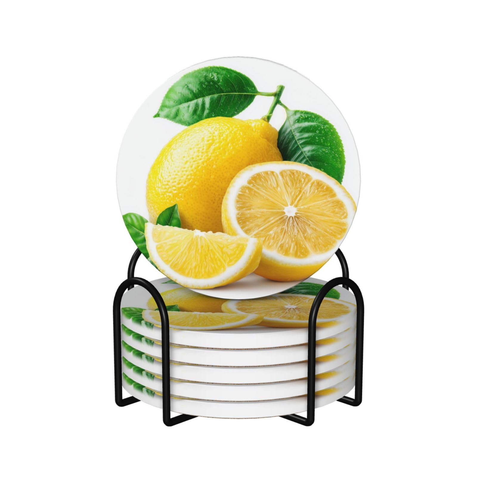 Lemon with A Slice Ceramic Coasters with Holder 6ps
