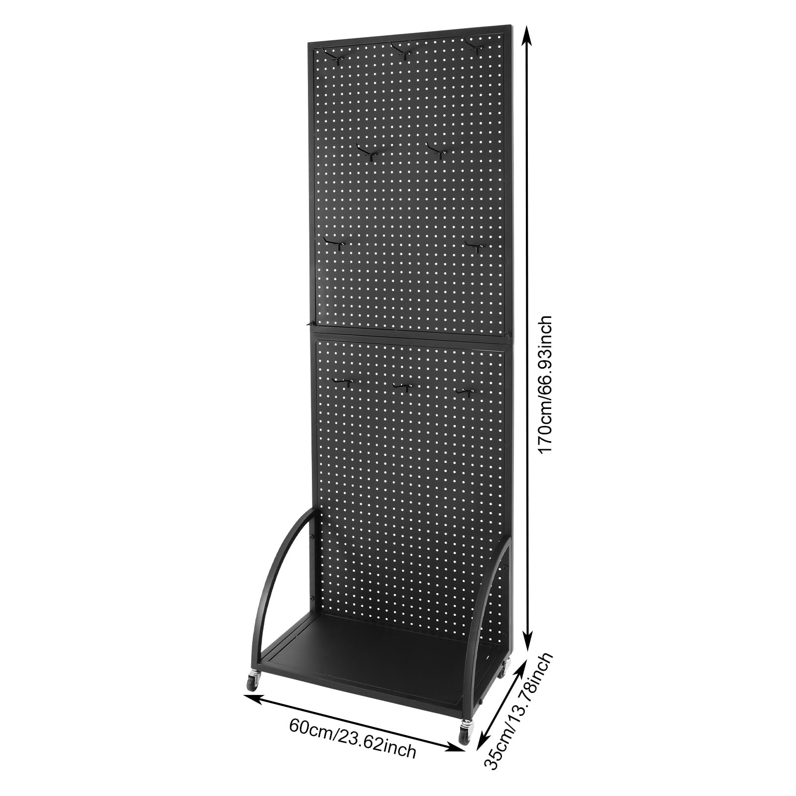 YUYFCC Rolling Pegboard Display Stand Metal Retail Pegboard Rack Freestanding Merchandise Display Rack Holder Modern Pegboard Panels with Hooks and Base for Art Retail Shop Craft Show, Black
