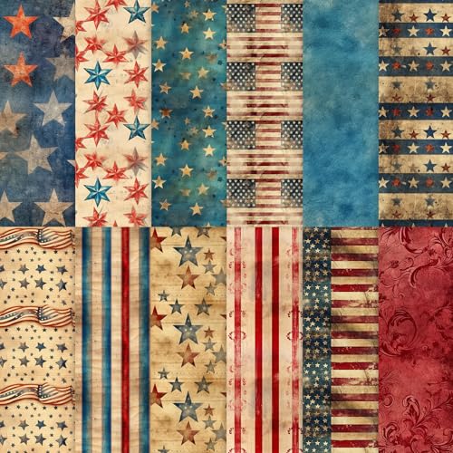24 Sheets Vintage Patriotic Scrapbook Paper 12 Styles Retro Red Blue Stars Flags Stripes Patterns Decorative Craft Paper Folded Flat for 4th of July Card Making Photo Album Decor 11.8 x 11.8