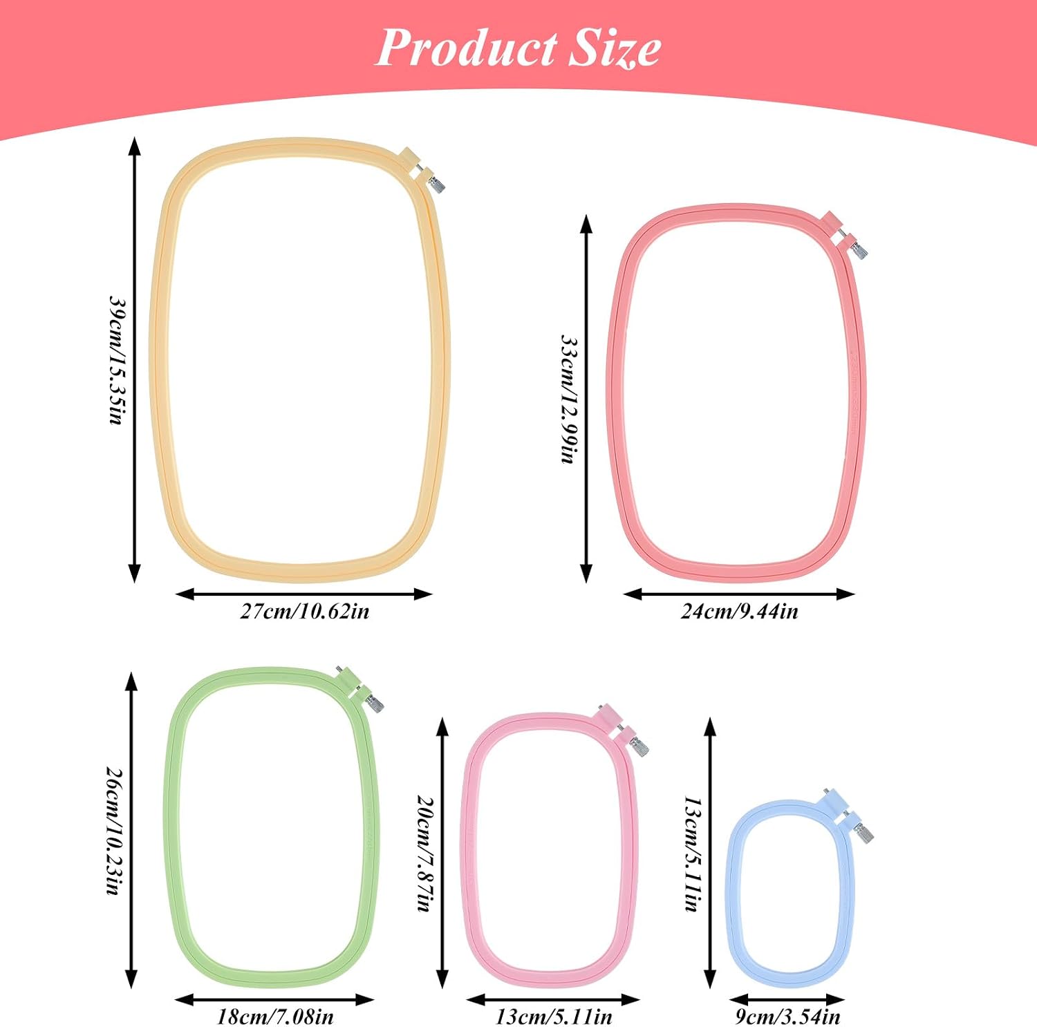 Afcabakila 5 Pack Rectangular Embroidery Hoops Set, 5 Size ABS Plastic Candy Color Cross Stitch Hoop Reusable Embroidery Frames Rings for DIY Embroiderys Craft Sewing Needlework
