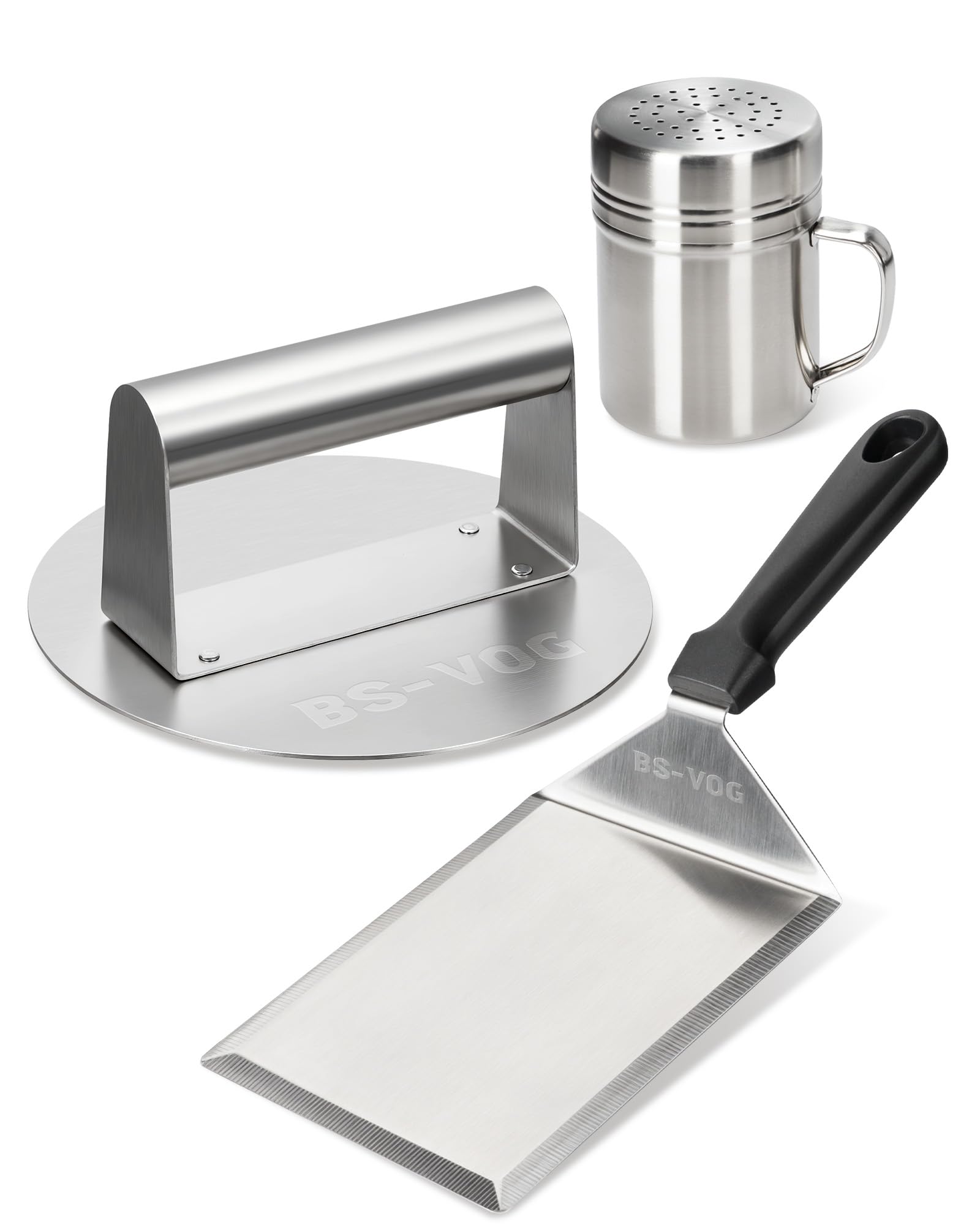 BS-VOG Kit Smashed Burger con Smashed Burger Press 6,2", Spatola & Spargipolvere – Set di Accessori da Cucina in Acciaio Inox per Carne, Pancetta & Pressa per Hamburger