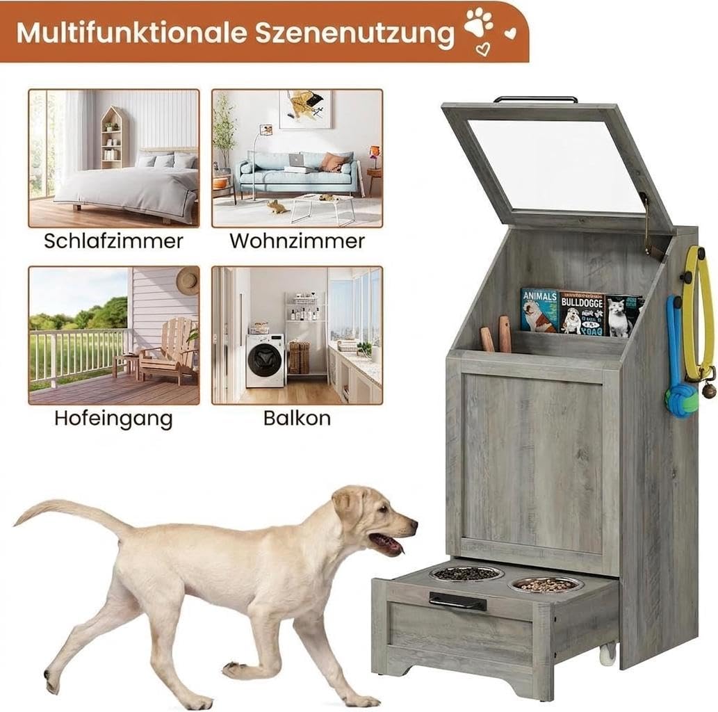 Hundefutterbox mit Klappdeckel - Futterschrank Hund mit Stauraum, Große Futteraufbewahrung für Hunde, Luftdichte Futterbox für Trockenfutter, Vorratsschrank Hundefutter weiß，90 x 43 x 35 cm