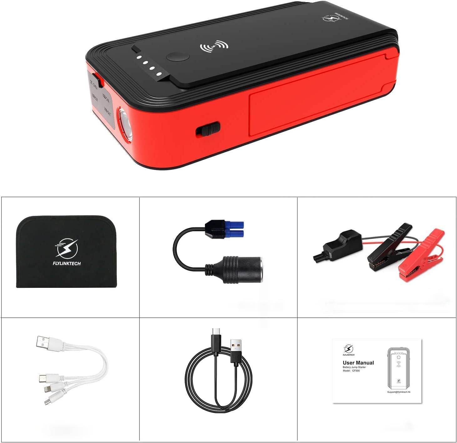 Contents of the FLYLINKTECH CF500 Jump Starter package