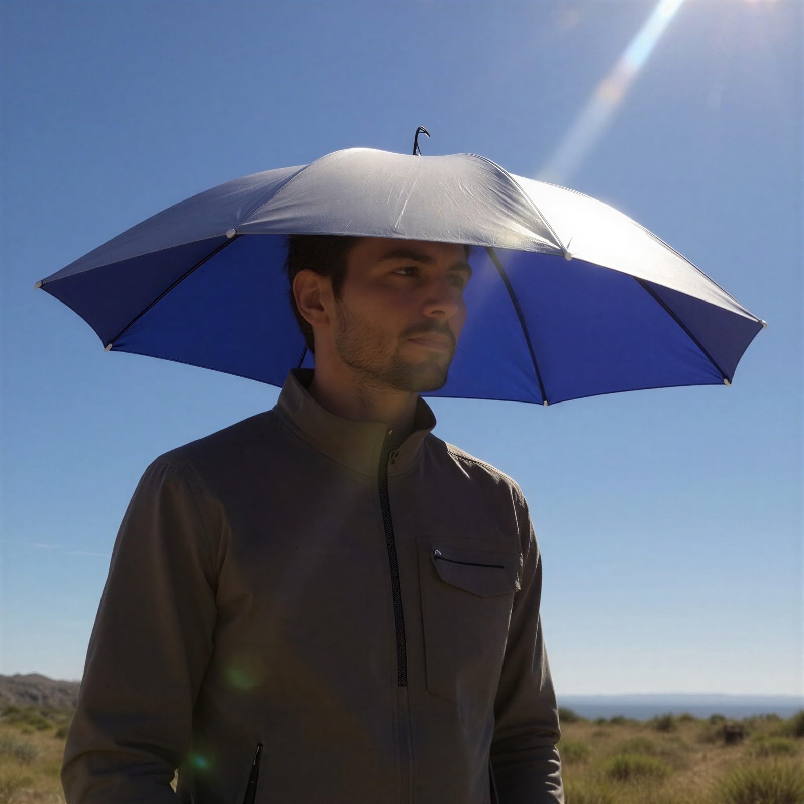 Lot de 3 chapeaux parapluie mains libres, bleu et multicolore, protection soleil et pluie pour la pêche, ajustement réglable, revêtement argenté, pour jardinage, randonnée et travaux