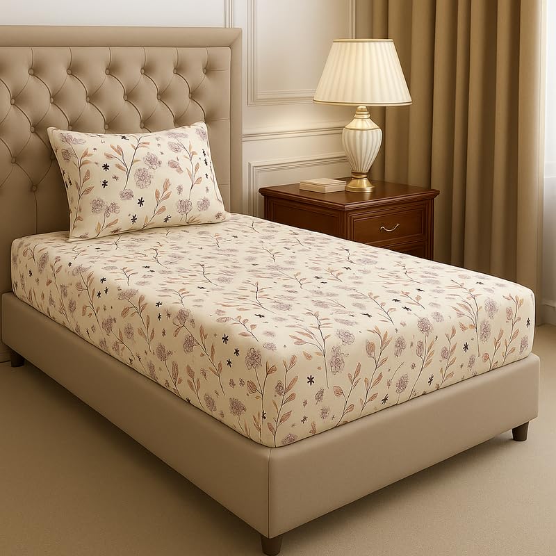 Image of BSB HOME Premium Cotton Elastic Fitted Bedsheets with 1 Pillow Covers |Leaf Printed Single Bed Elastic 220 TC Supersoft Breathable & Wrinklefree | for 72x36+6 Inches, Almonds and Green