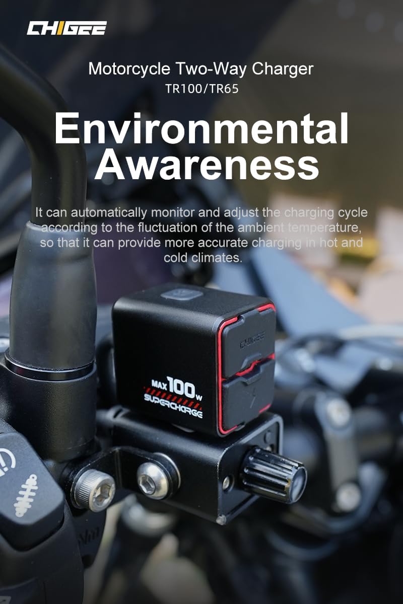 TR100 Next-Gen Motorcycle Battery Charger, 100W, Ultra-Compact & Lightweight, Emergency Charging, Low Standby Power, IP66 Waterproof, Compatible with 12V Lead-Acid, Gel, AGM, Lithium Batteries