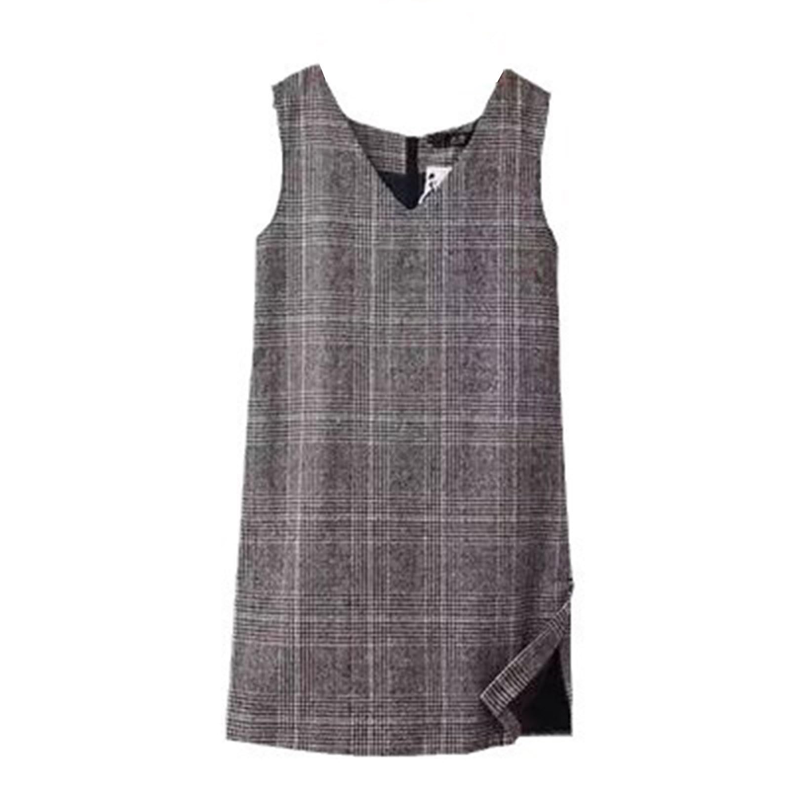 Womens Fall Winter Plaid Wool Overall Dress Casual Business Sleeveless Midi Tank Vest Dress Casual Fashion Dresses