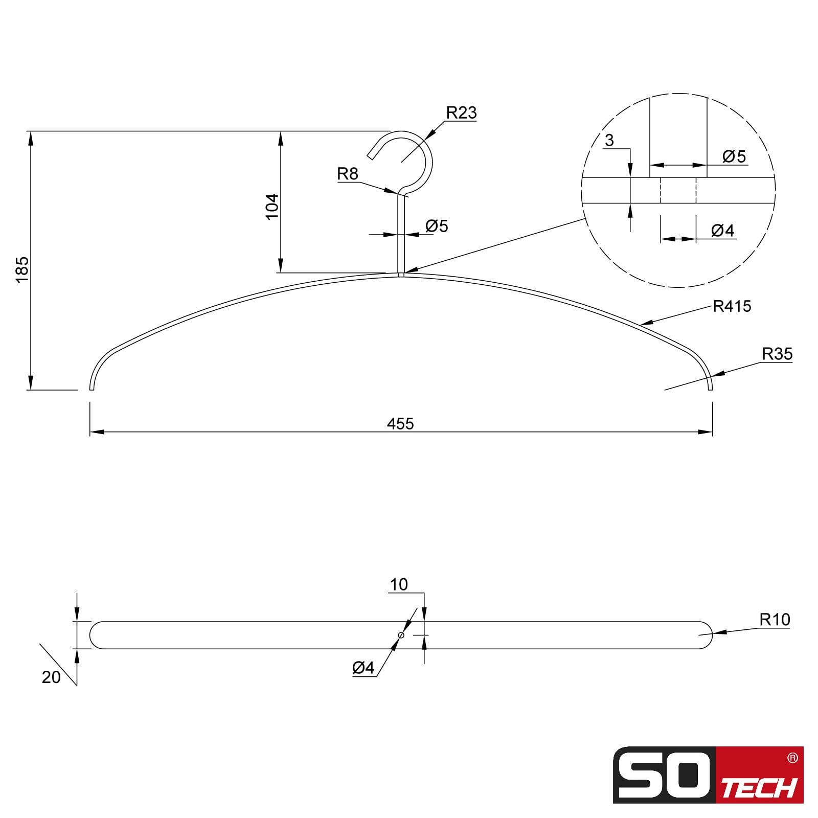 SOTECH 5 Stück Kleiderbügel echt Edelstahl gebürstet 455 x 20 x 185 mm | Garderobenbügel Bügel für Flurgarderobe