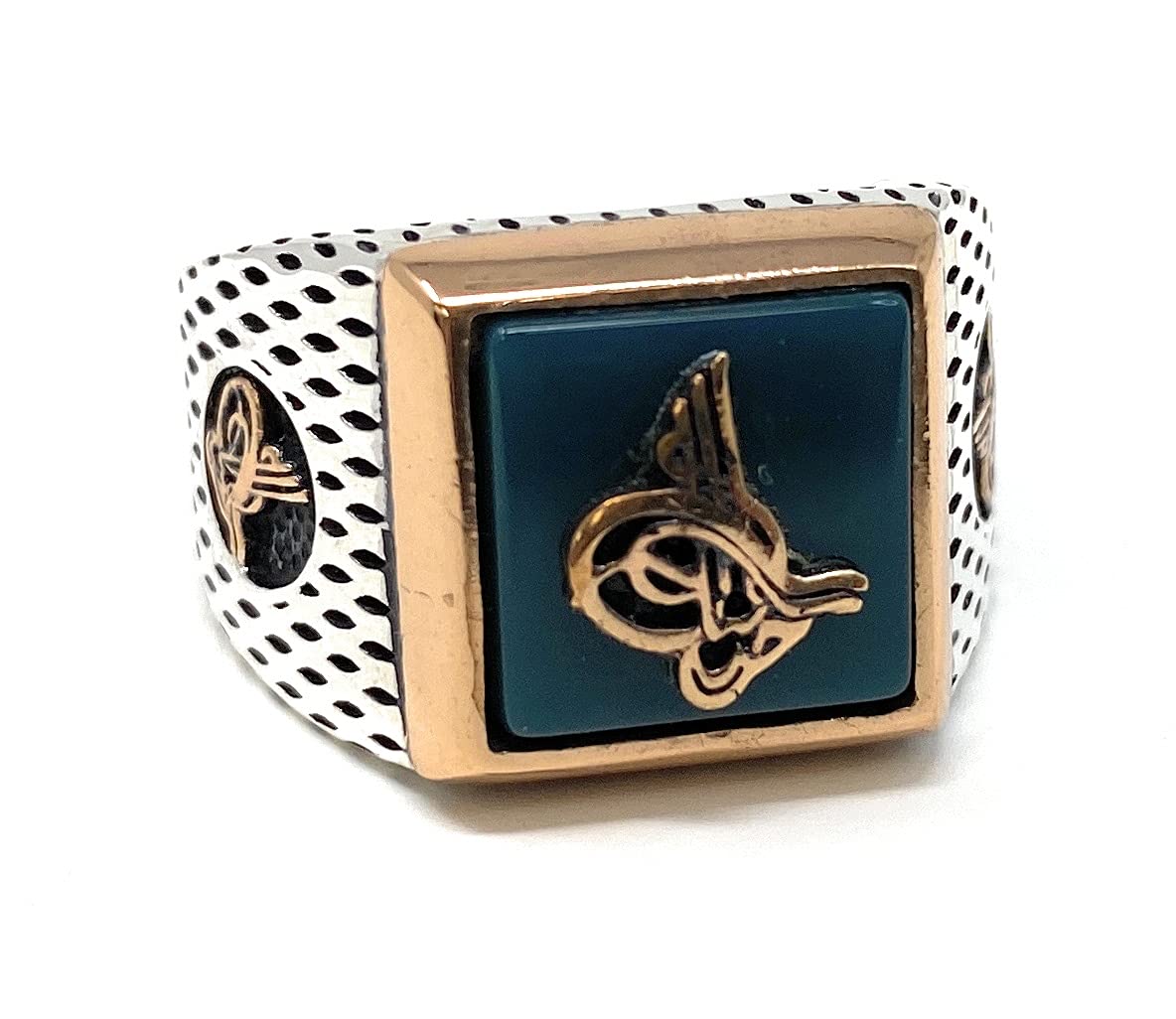KAR 925K Stamped Sterling Silver Green Agate Sultan Signature Men's Ring K44B