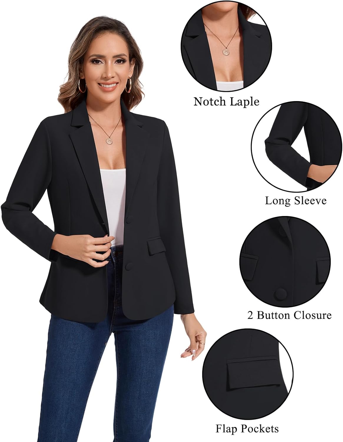 Womens Black Blazer Notched Lapel Two Button Suit Jackets Long Sleeve Lightweight Pocketed Blazers for Bussiness Casual,Black,L - Image 6