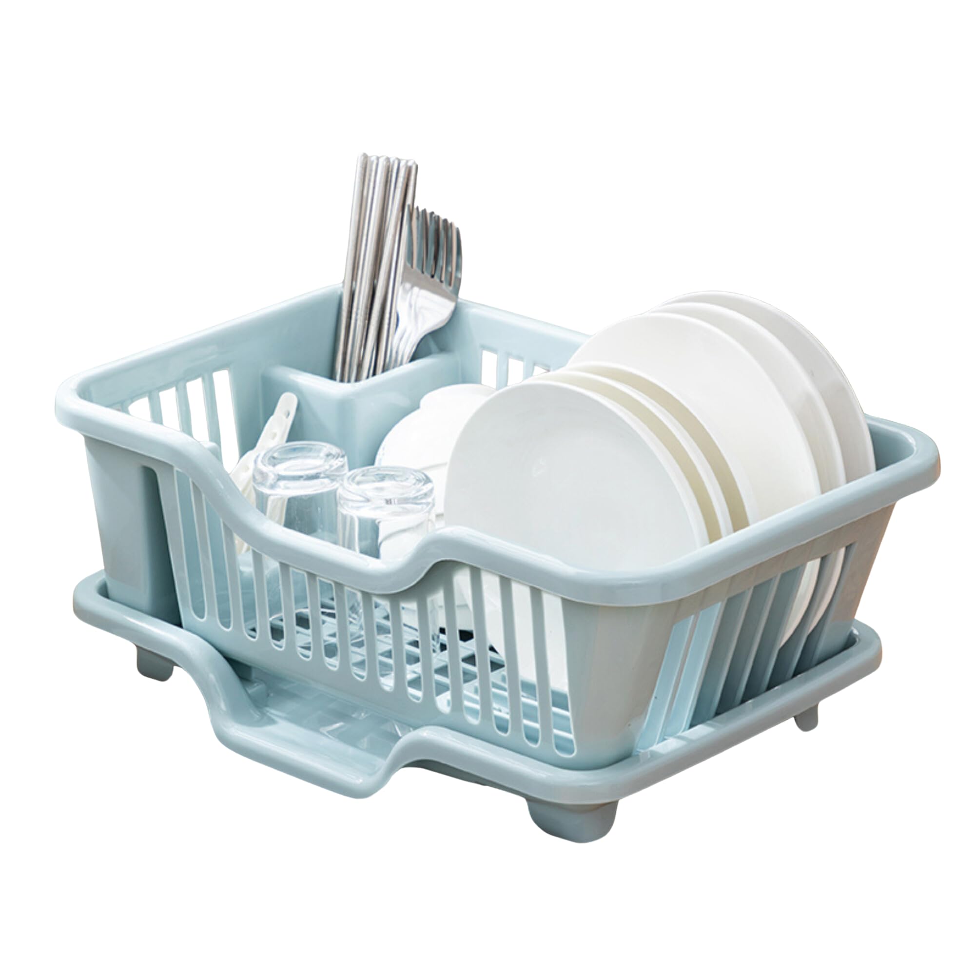 Qualiware Dish Drainer Space Saving Dish Drying Rack Kitchen Counter, Durable Plastic Kitchen Drying Rack with a Cutlery Holder, Drip Tray Knives and Forks Blue, Green & White