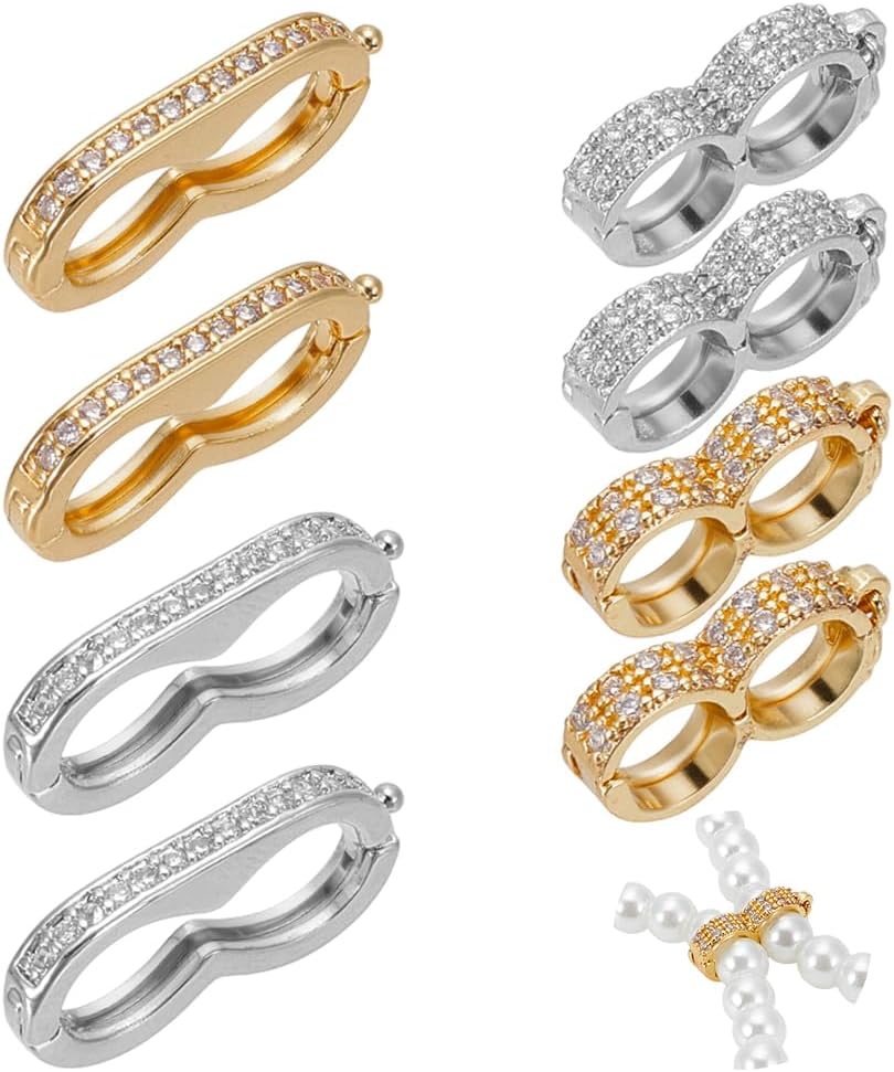 8PCS Necklace Shortener Clasp, 4 Styles Pearl Beaded Necklace Adjuster to Shorten with Cubic Zirconia Chain Shortener Clasp with Secure Lock for 5-6mm Beads Necklaces Bracelet Jewelry