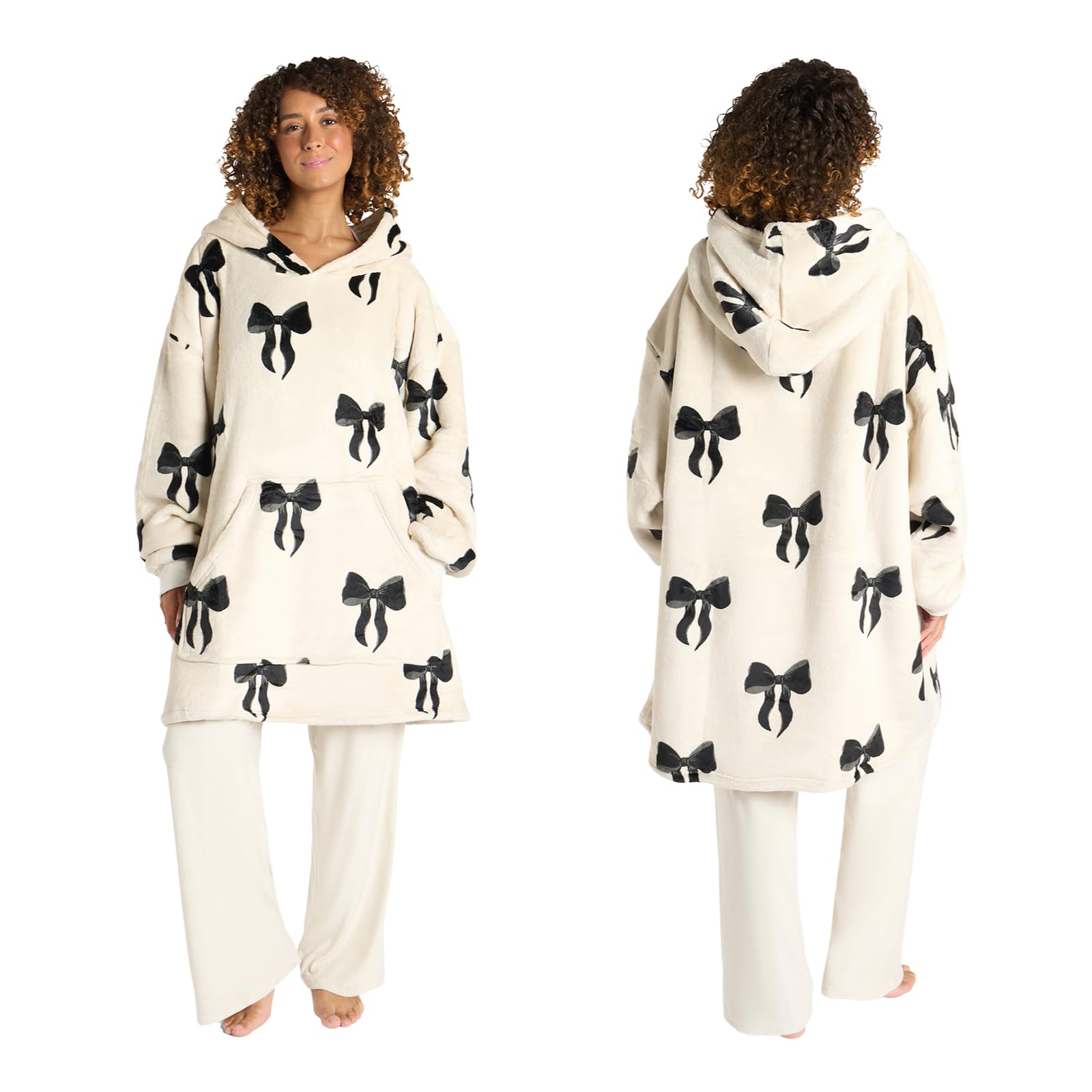 Ohs Women's Monochrome Oversized Hoodie Blanket Bow Print, Birthday Gifts For Super Soft Sherpa Fleece Warm Comfy Cosy Wearable Blankets Sweatshirt Blanket Hoodie Girls Big Pocket,