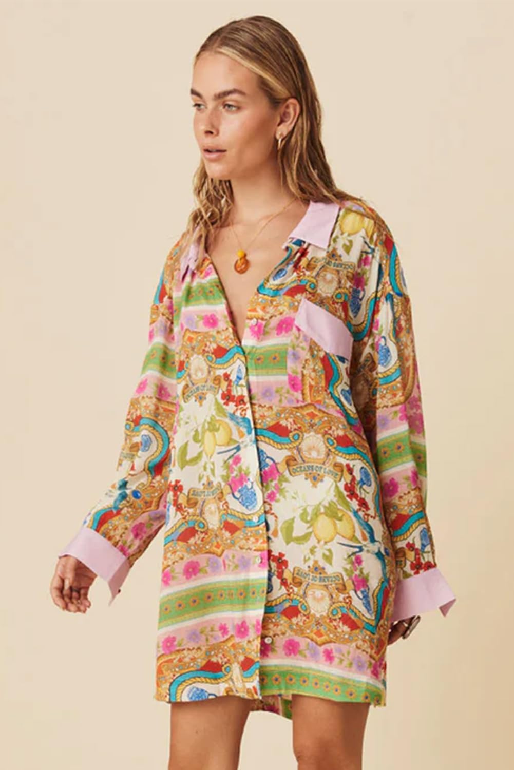 TinyCribz Women's Multicolor Boho Floral Print Buttoned Long Sleeve Shirt Dress