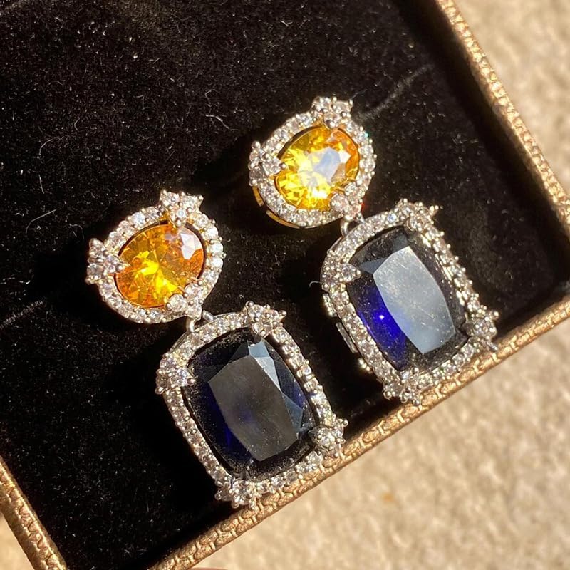 Yellow Blue Cubic Zirconia Drop Earrings for Women – Gold Plated Alloy Square Halo Faux Sapphire Design, Vintage Statement Jewelry Gift for Her, Birthday Present for Best Friend or Sister image 4