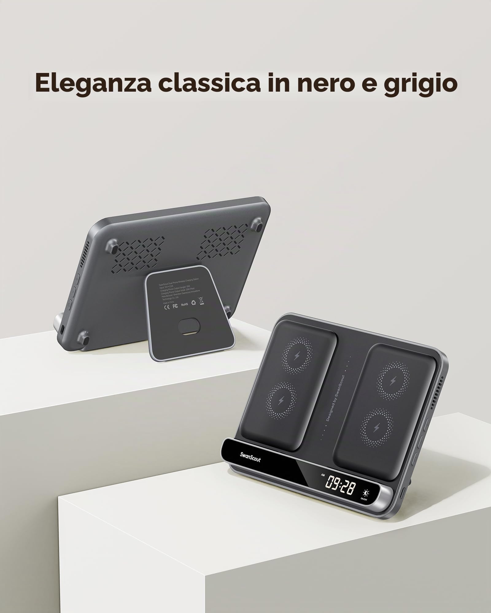 Doppio Caricatore Wireless per 2 Telefoni, Stazione Ricarica per iPhone Air/17 Pro/17 Pro Max/17/16/15/14/13/12, Samsung Galaxy S25/S24/S23/S22, Galaxy Buds, SwanScout 504 (Black & Tech Grey)