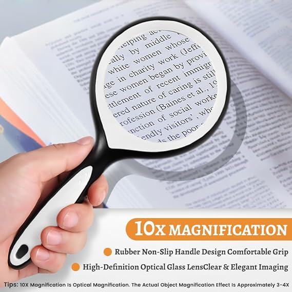 10X Magnifying Glass, Large Handheld Magnifier for Adults & Kids, Portable Magnifier for Scientific Exploration, Reading, Insect Observation - Black and White