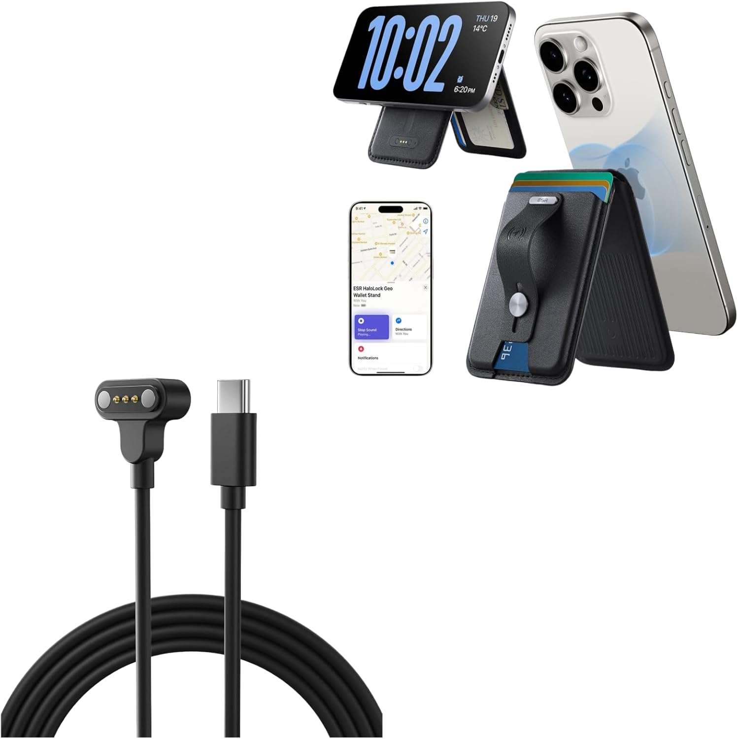 ESR Geo for Magsafe Wallet Stand Grip (Full Find My) Bundle with USB-C to Pogo Pin Charging Cable, Black