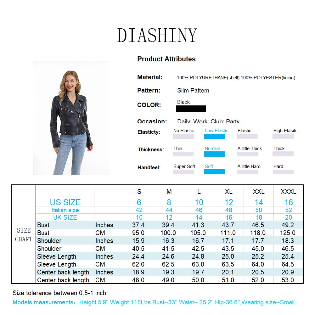 DIASHINY Faux Cuir Veste Pour Femmes Crop Court Recadrée PU Slim Zip Up Moto Biker Manteau Moto Vestes