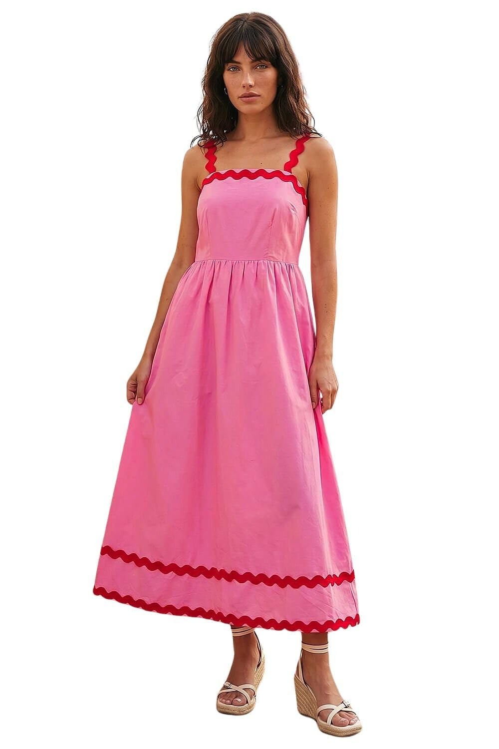 Roman Women's Cotton Ric Rac Midi Dress in Pink | Size: 16