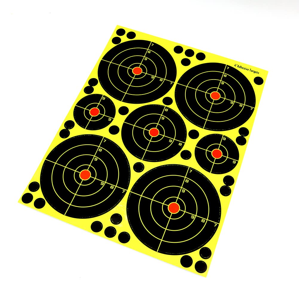10 Pack Multi Size 4inch 3inch 2inch Bullseye Reactive Shooting Target - Shots Burst Bright Fluorescent Yellow Upon Impact