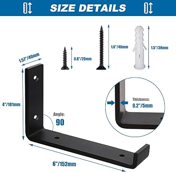 Scaffold Board Shelf Brackets 4 Pack - 5mm Thick Steel Heavy Duty Shelf Supports with Lips for 6 x 4 Inch (15cm x 10cm), Industrial Rustic Black Wall Shelf Brackets Kit