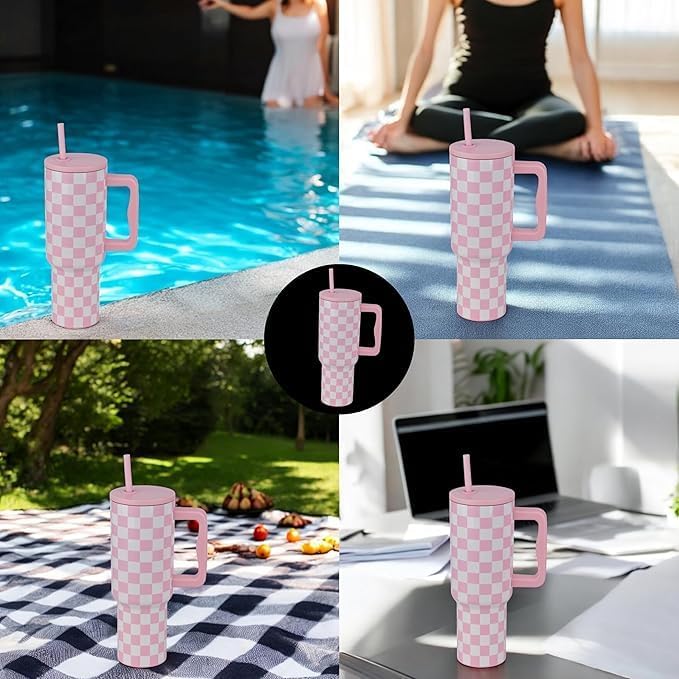 Image of Stainless Steel 1200 ml Vacuum Tumbler with Lid & Straw - Double‑Wall Insulated Cup for Travel, Gym & Office - Keeps Beverages Hot or Cold - 1.2 L Capacity (Pink Checks)