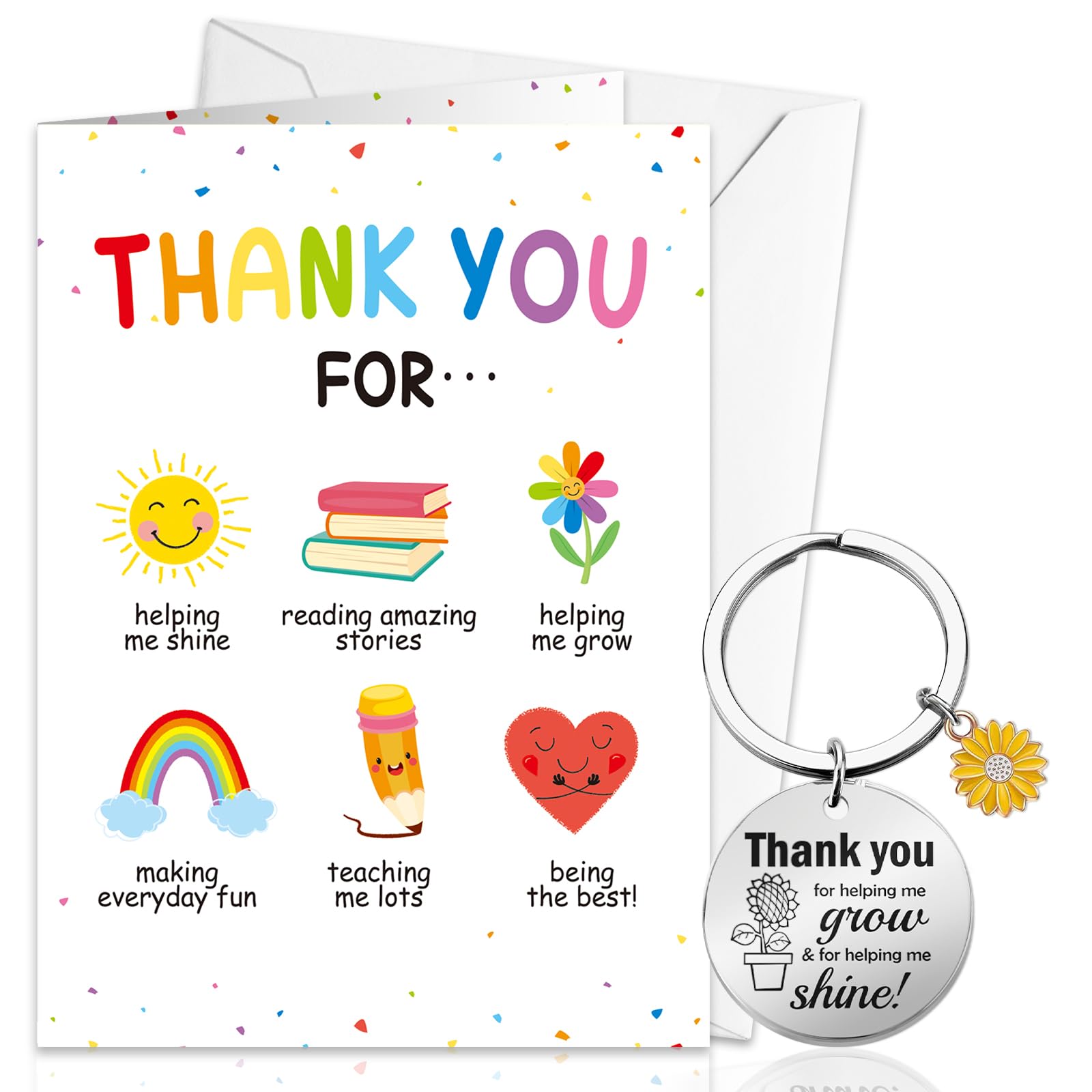 DPKOW Thank You Teacher Gifts for Women, Teacher Appreciation Gifts Thank You Card with Envelope, Inspirational Stainless Keyring Keychain Thank You for Helping ME Grow and Shine — image 1