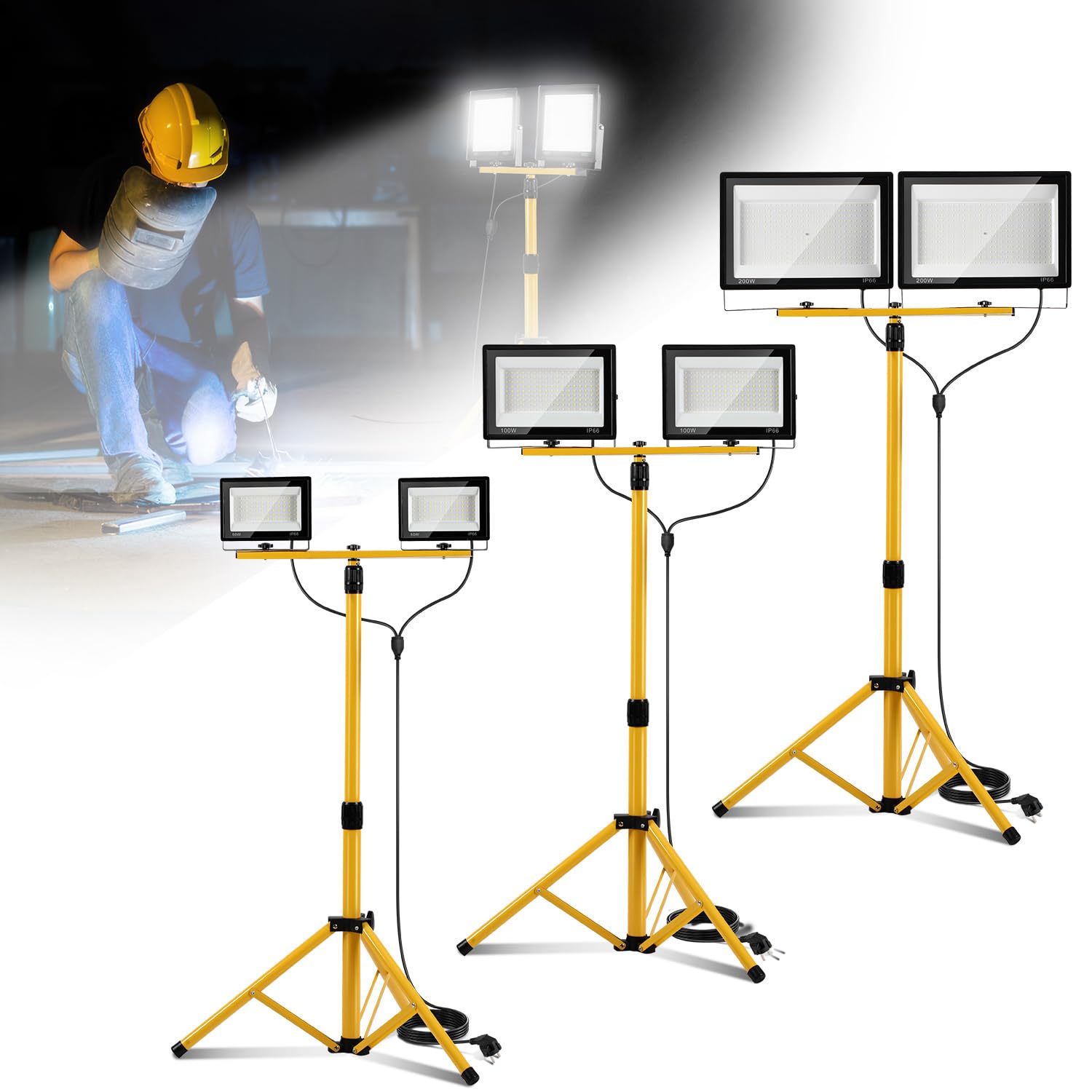 Baustrahler LED mit Stativ einstellbar, 4 x 50W Baulampe mit 3m Netzkabel, 6500K IP66 Wasserdichte Arbeitsstrahler für Baustelle, Werkstatt oder Keller, Innen & Außen