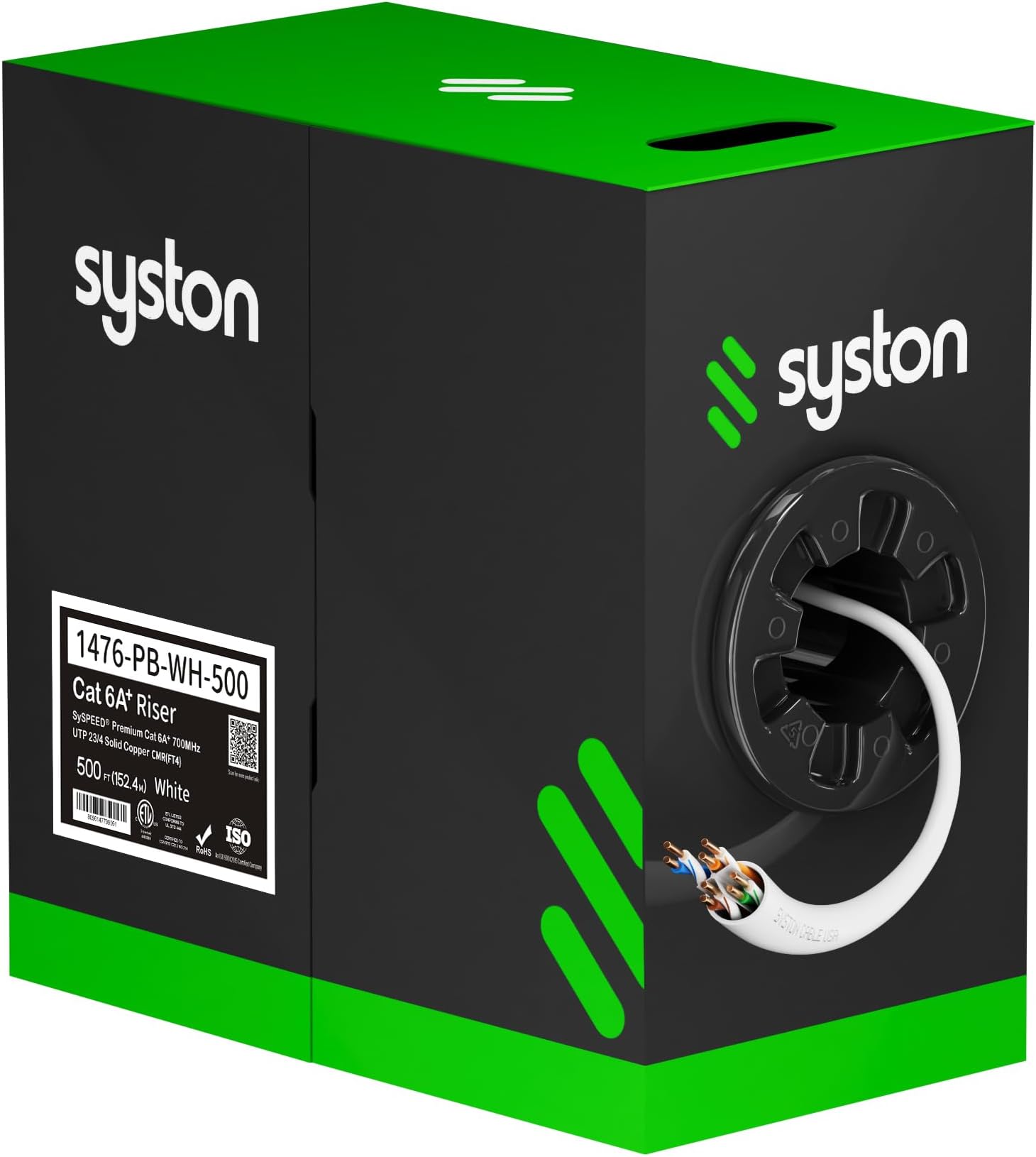 Syston Cable Technology Cat 6A+ Ethernet Network Cable, 750MHz 23AWG Solid Bare Copper Wire Outdoor/Indoor, No Ends 100/250/500/1000 Ft Available, Heat Resistant Riser Rated (500 FT, CMR, White-CMR)