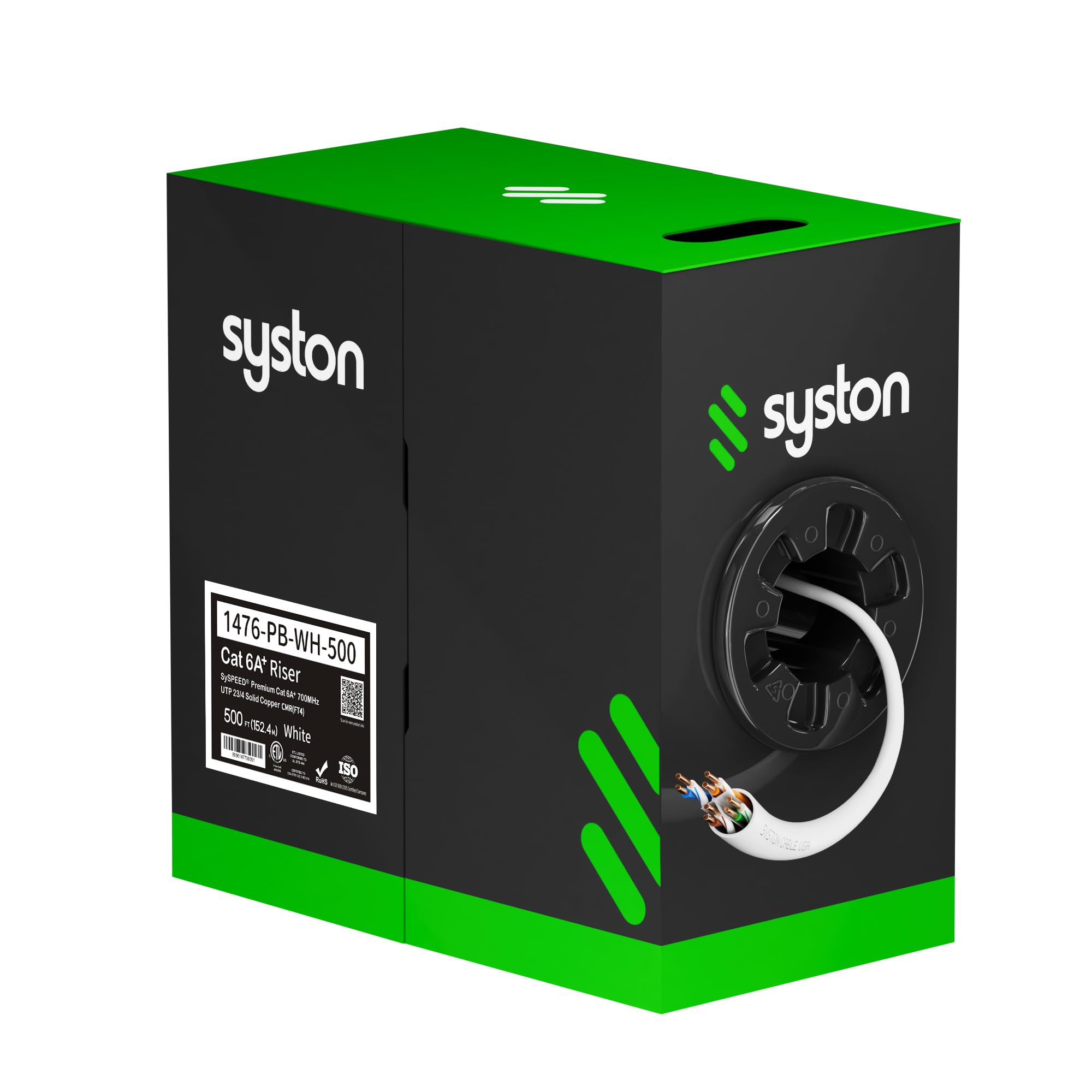 Syston Cable Technology Cat 6A+ Ethernet Network Cable，700MHz 23AWG Solid Bare Copper Wire Outdoor/Indoor, No Ends 100/250/500/1000 Ft Available, Heat Resistant Riser Rated (500 FT, CMR, White-CMR)