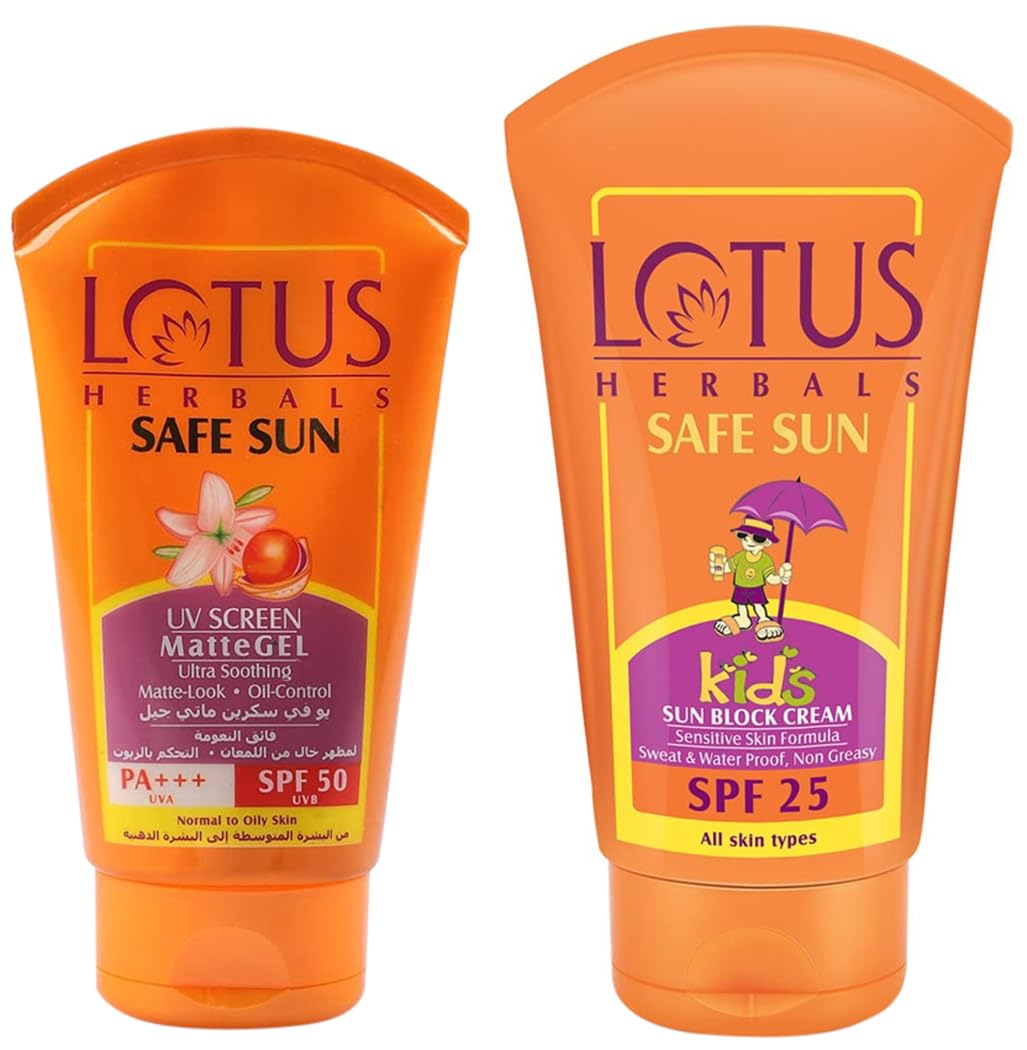 Lotus Herbals Safe Sun UV Screen Matte Gel, SPF 50, 100g & Safe Sun Kids Sun Block Cream SPF 25, 100g