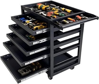 Heavy Duty Metal Tool Cart on Wheels with 5 Drawers, Steel Utility Rolling Cart, for Tools Organization Garage Factory, Black