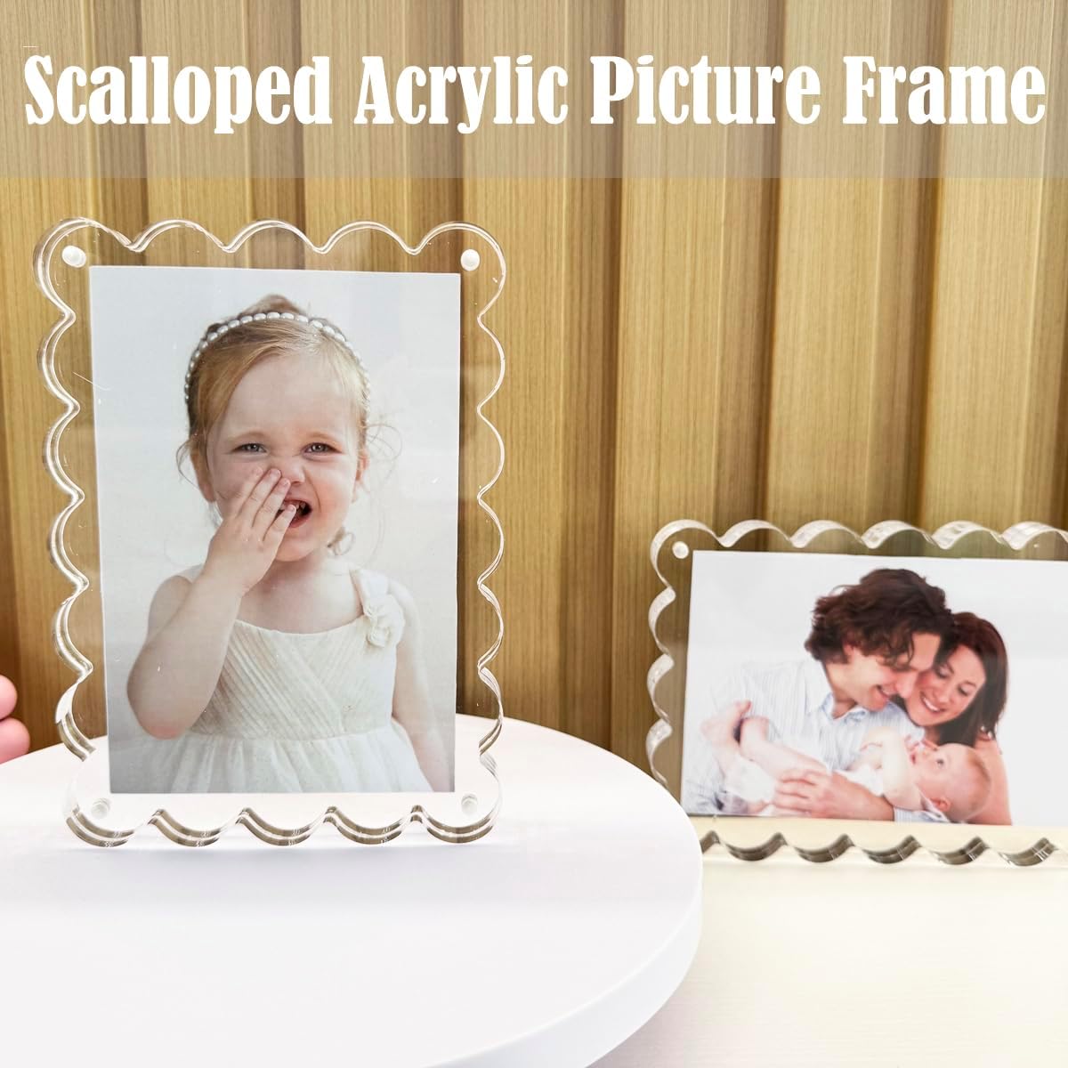 4 Pack 5x7 In / 4x6 Inch Acrylic Picture Frame, Magnetic Pictures Scalloped Frames Double Sided 10+10mm Thickness Clear Photo Frames for Desktop Display