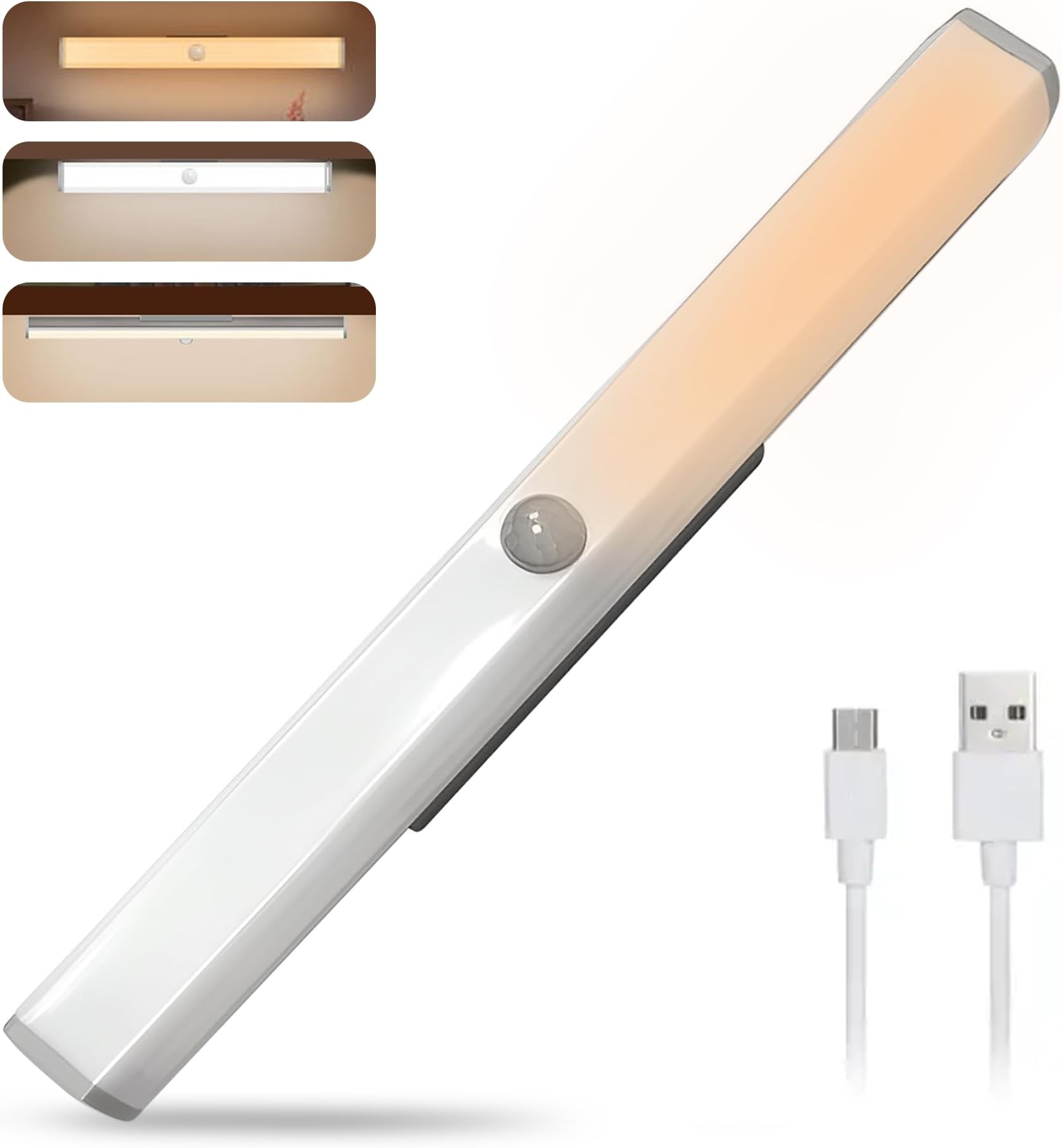 1Y Warranty Wireless Cabinet Light,12 Inch Motion Sensor Led Light Under Cabinet Lighting Rechargeable Rotable Closet Light Dimming,3 Light Modes, (Cool White/Warm,White/Natural