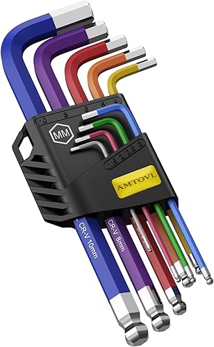 AMTOVL Juego de llaves hexagonales, juego de 9 llaves métricas Allen, 0.06 a 0.39 pulgadas, juego de llaves hexagonales de extremo de bola larga