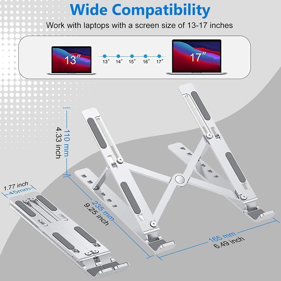 Image of Aluminum Adjustable Laptop Stand - Foldable Portable Laptop Holder with Multi-Angle Height Adjustment, Anti-Slip Cooling Design for MacBook, Notebook & All Laptops (Silver)