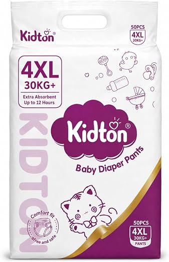KIDTON Diapers Pants, 4XL, 50 Count, 25-45Kg, 12 hrs Absorption and Cottony Soft Material Baby Diaper Pants with Bubble Be...