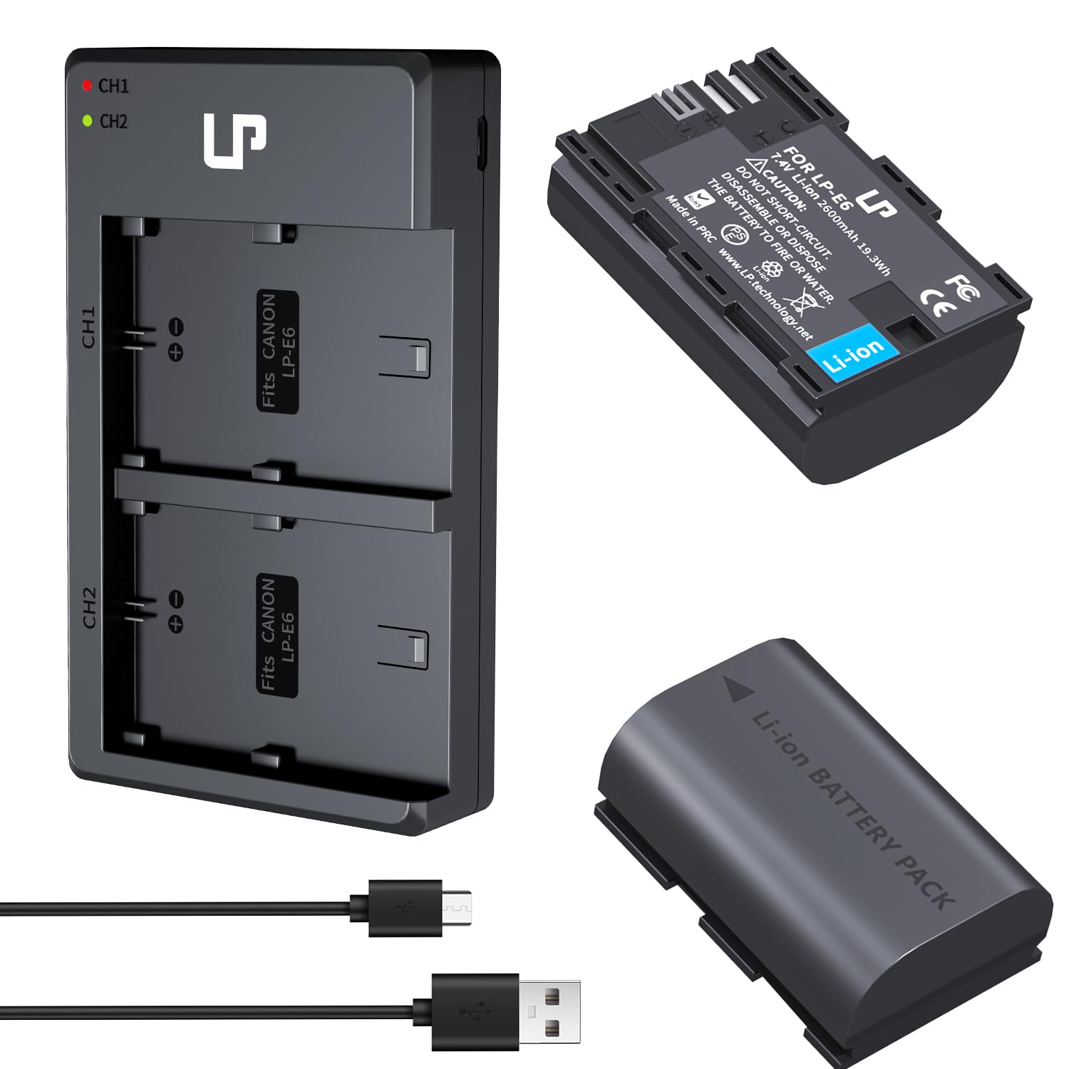LP LP-E6 E6N Battery Charger Pack, 2-Pack 2600mAh Battery Dual Charger  Compatible with Canon EOS R, R5, R6, 90D, 80D, 70D, 60D, 60DA, 5D Mark II,  6D