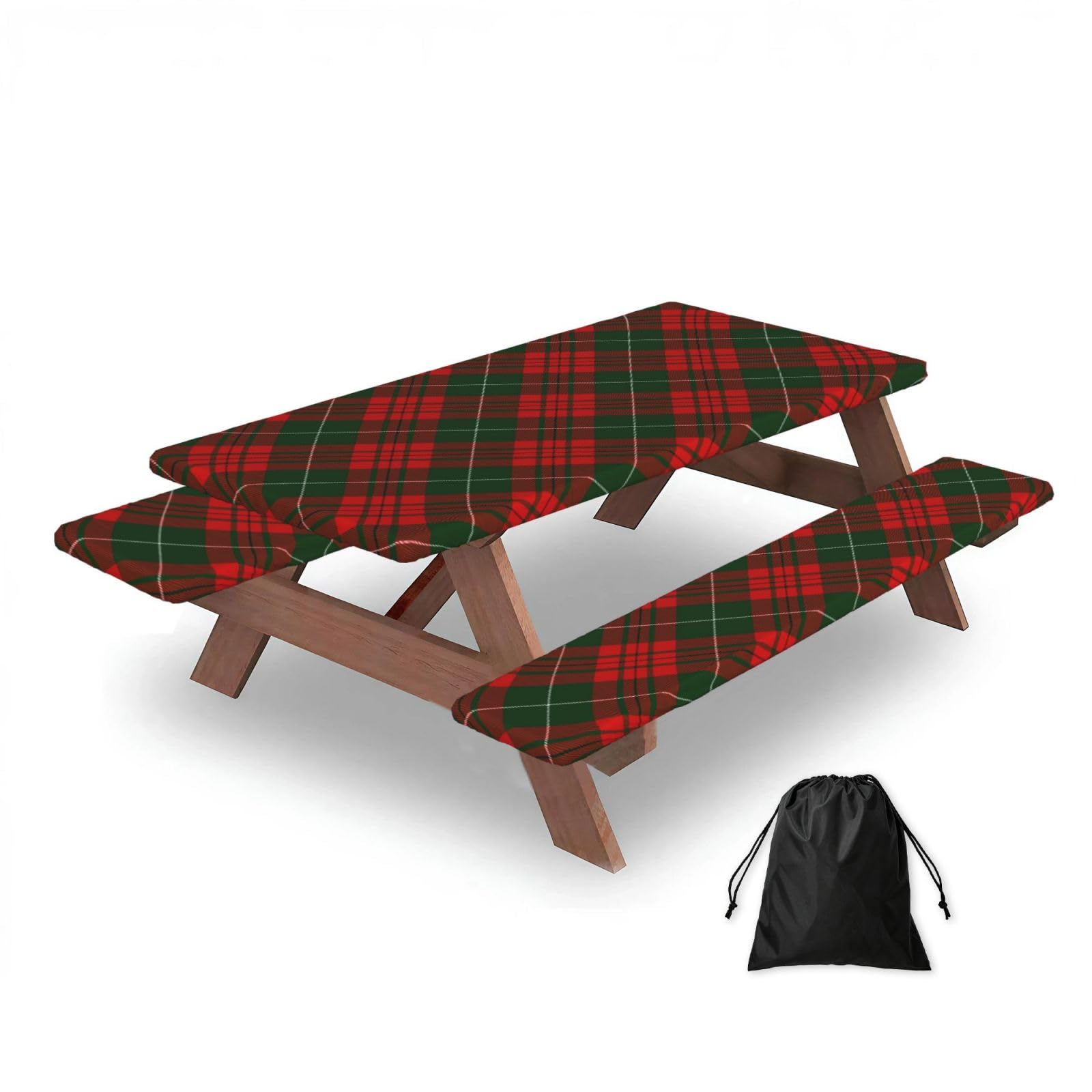 Dopklna As Picture Christmas Scottish Tartan, Picnic Table Cover With Bench Covers -Waterproof Elastic Fitted Tablecloth For Garden Camping Patio 76X152cm