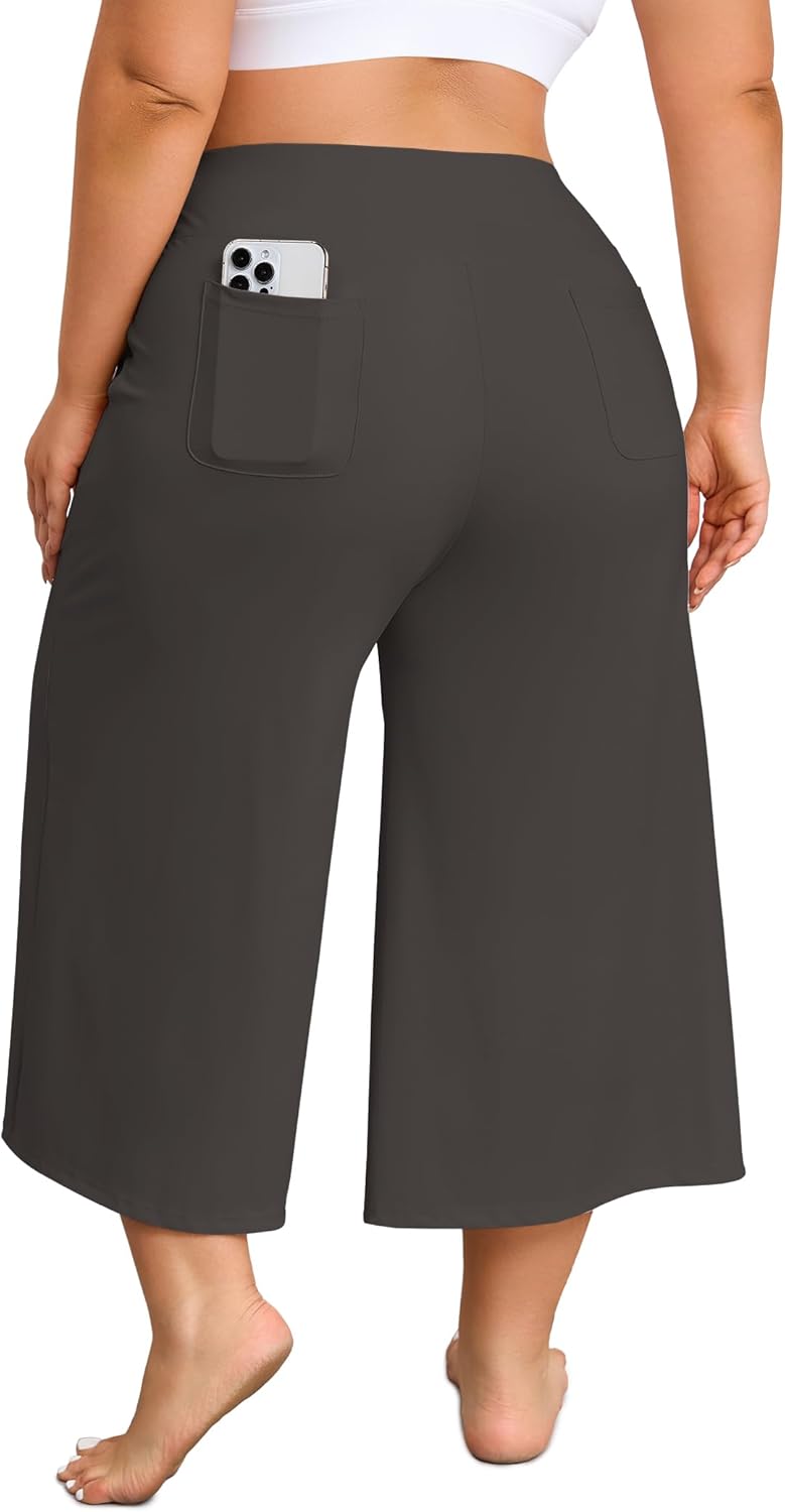COOTRY Women's Plus Size Capri Pants Wide Leg Yoga Dress Capris High Waist Loose Lounge Travel Summer with Pockets - Image 2